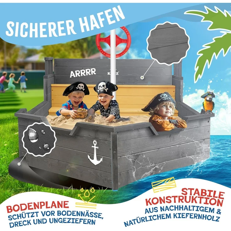 KIDIZ® Sandkasten Ahoi - Piratenschiff, Holz Anthrazit, 195 x 94 x 136 cm – Bild 4