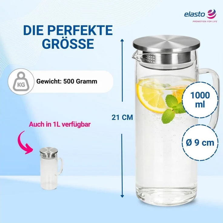 elasto Wasserkaraffe Glaskaraffe mit Deckel und Sieb 1,5 Liter aus Borosilikatglas – Bild 3