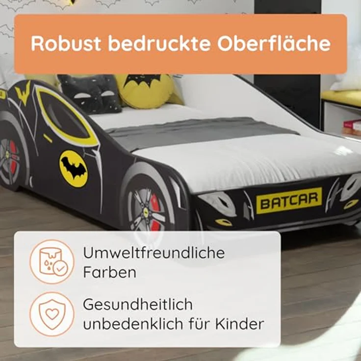 Kids Collective Autobett 70x140, 80x160 cm Kinderbett Jugendbett mit Rausfallschutz (Spielbett Batman Batmobil Bat Car Auto), Bett in schwarz Kinderbett 80 x 160 cm optional mit Matratze – Bild 5