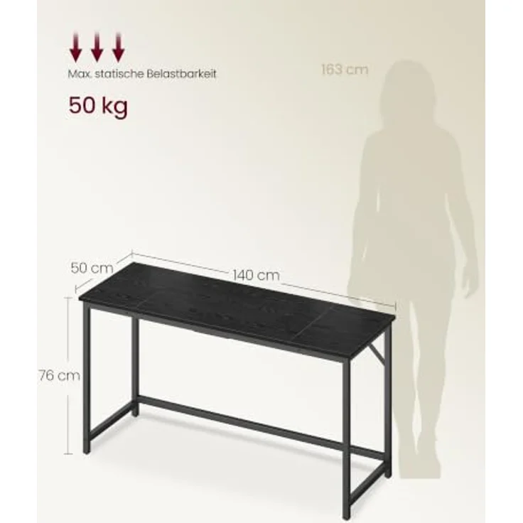 VASAGLE Tisch, Computertisch, Bürotisch, 140 x 50 x 76 cm | Für Arbeitszimmer, Schlafzimmer, Wohnzimmer, Ebenholzschwarz-Mattschwarz, BARNET Kollektion LWD043B56 – Bild 3