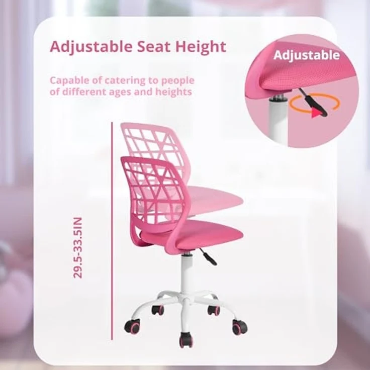 FurnitureR Teens Mädchen Task Chair 360 Swivel Low Mid PP Mesh Back Fabric Sitz Höhenverstellbare Rollrolle, PINK I – Bild 4