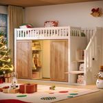 Merax Kinderbett (90 x 200 cm), Hochbett, multifunktionales Kinderbett mit Kleiderschrank und Treppenschrank, bunte Lichtleiste, ohne Matratze, Weiß & Eichefarbe