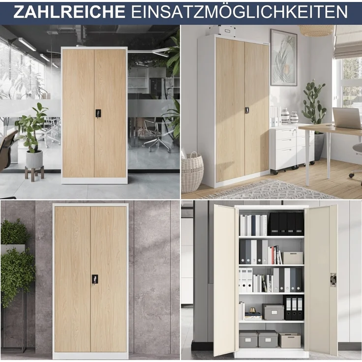 Aktenschrank abschließbar KADO - 5 Ebenen verstellbar, Flügeltüren | Metallschrank Werkstatt Mehrzweckschrank Büroschrank aus Stahl Werkzeugschrank, 195x90x40cm Weiß-Sonoma Eiche – Bild 6