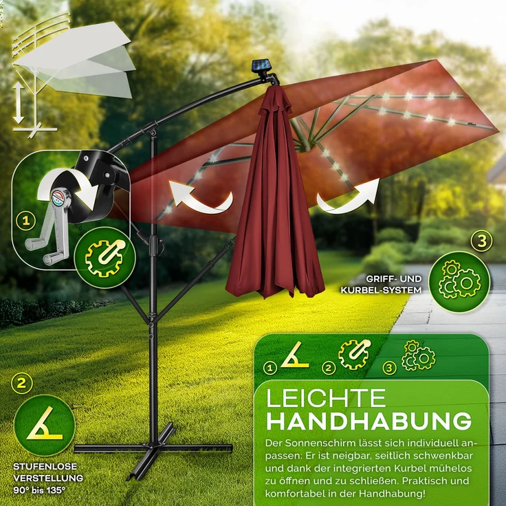 tillvex® Alu Sonnenschirm Rechteckig Ø 330 cm mit LED Solar Rot + Abdeckung mit Kurbel | Ampelschirm mit Ständer & Windschutz | Gartenschirm UV-Schutz, wasserdicht, 360° drehbar | Kurbelschirm Marktschirm – Bild 5