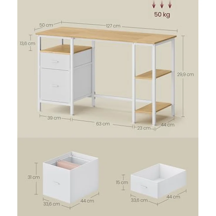 VASAGLE Computertisch, Bürotisch, Schreibtisch, mit 3 Ablagen, 2 Schubladen, 127 x 50 x 76 cm, fürs Büro, Wohnzimmer, moderner Stil, natureichenfarben-mattweiß LWD103YD01 – Bild 3