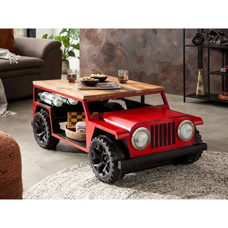 Sofatisch Adventure mit Flaschenregal aus Mangoholz und Offroader-Look – Perfekt für Wohnzimmer oder als Eyecatcher in jedem Raum