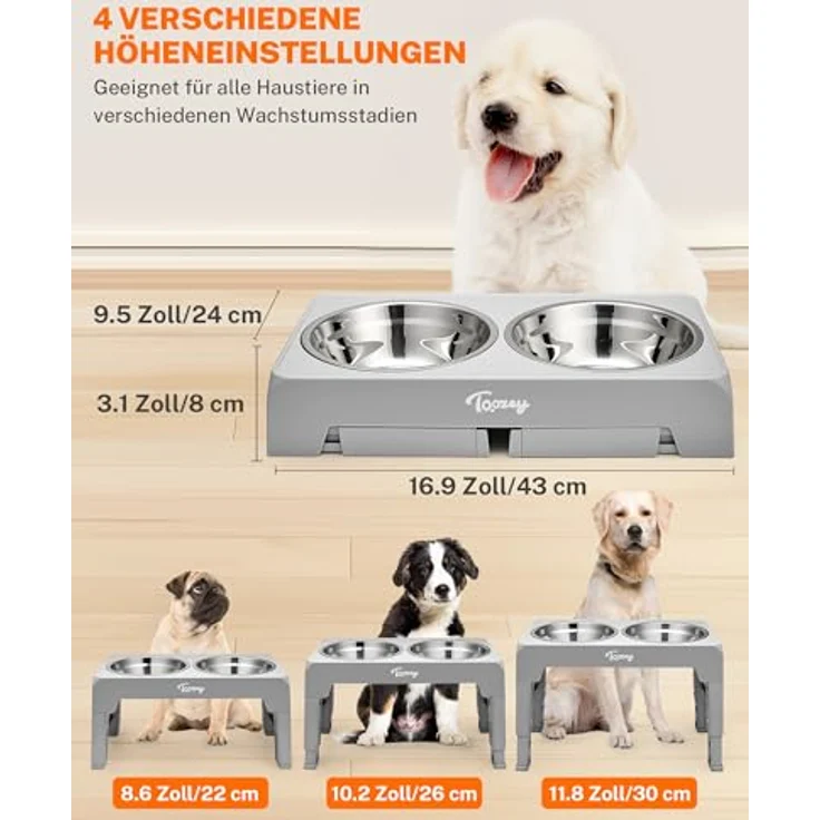 LuxusKollektion 'Toozey' Futternapf höhenverstellbar (2 Schüsseln) 1200 ml, Edelstahl grau – Bild 3
