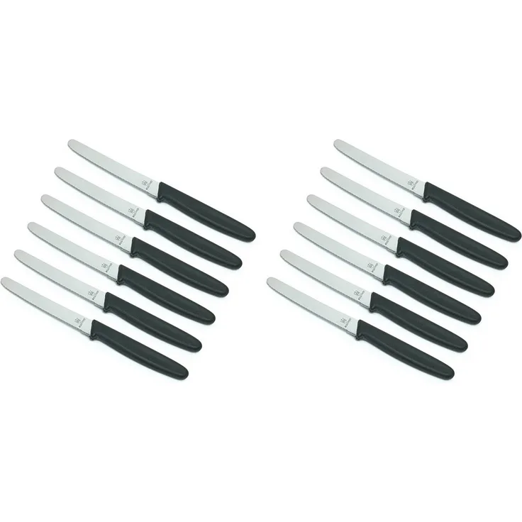 Neustanlo | Tafelmesser Set 12 Stück | rostfreie Edelstahlklinge mit Wellenschliff | schwarze Kunststoffgriffe | ideal für Brötchen und Butter