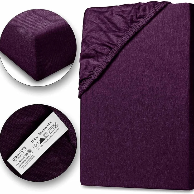 Jersey Spannbettlaken Spannbettuch 90-100x190-200cm 100% Baumwolle Aubergine – Bild 2