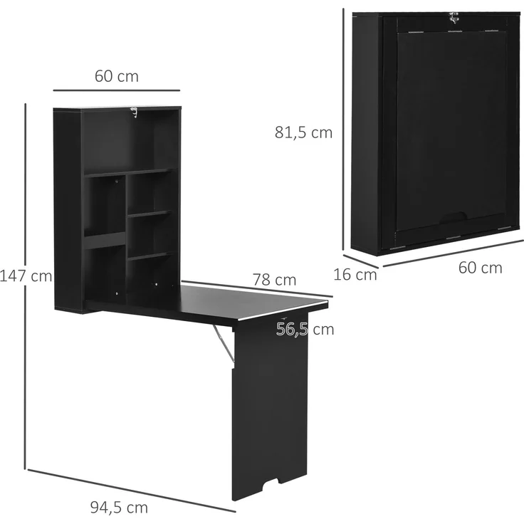MELAYR, Wandklapptisch Wandschreibtisch, inkl. Schreibtafel, 60 cm x 94.5 cm x 147 cm, Schwarz – Bild 5