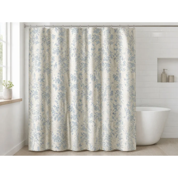 Duschvorhang mit Blumendruck wasserabweisend fürs Badezimmer Beige-Blau, 165x180 cm – Bild 2