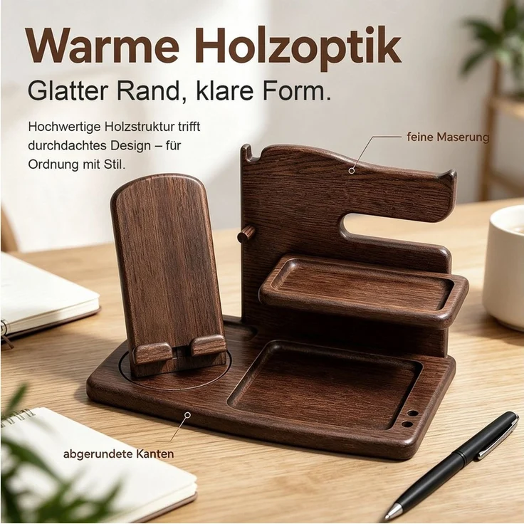 AIMAX Organizer Drehung Handy-Halterung, Holz Telefon Dockingstation, Büro organizer (Ladestation Schreibtischaufsatz, Bürobedarf, Büro Gadgets Tischaufsatz, 1 St, Uhren Geldbörsen Nachttisch/Schreibtisch Organizer Holz, Stiftehalter), Geschenke für Mä... – Bild 4