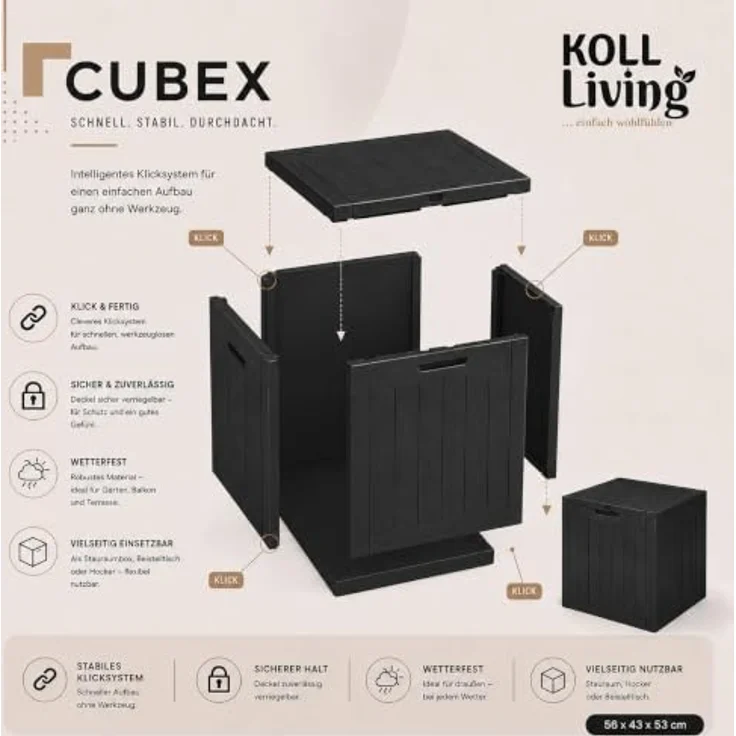 Koll Living Gartenbox Cubex, witterungsbeständig, pflegeleicht, 118 Liter, Anthrazit, 56 x 43 x 53 cm – Bild 7