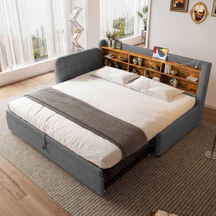 Stauraumbett mit Lattenrost, Regal, USB und Type-C Anschluss, 90x200cm/180x200cm, Liegefläche erweiterbar, Einzelbett, Polsterbett, Leinen