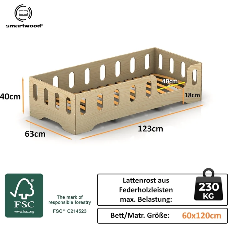 smartwood Kinderbett Bodenbett 60x120 mit Rausfallschutz & Lattenrost - Senfgelb - Kinder Montessori Bett TILA 2P mit glatten Kanten - Betten für schnelle Montage - Bis 230 kg belastbar – Bild 2