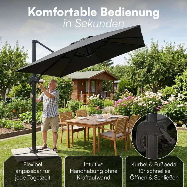 STEELSØN 'Lyrion' Sonnenschirm 300x300 cm quadratisch, neigbar und 360-Grad drehbar, schwarz, Ampelschirm inkl. Abdeckung, UV50+ – Bild 4