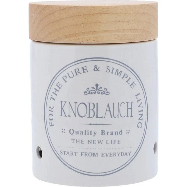 KHG Knoblauchtopf Keramik Steingut für 250g Knoblauchknollen, Knoblauch Aufbewahrung in Weiß, Holzdeckel Bambus, glasiert mit Emaille, Knoblauchdose rund, Lüftungslöcher, Landhaus Küche – Bild 5