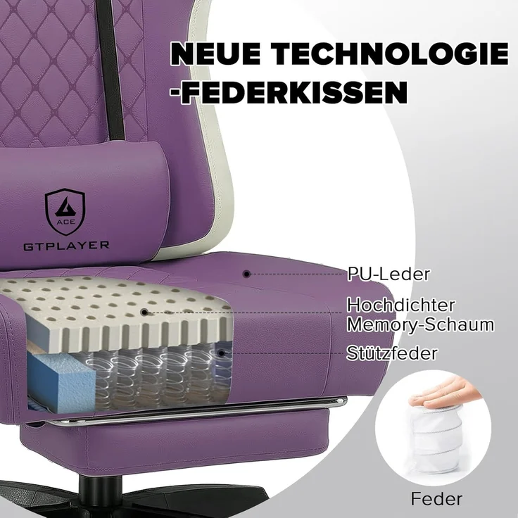 GTPLAYER Gaming Stuhl Ergonomischer Gaming Sessel Schreibtischstuhl Kunstleder, Federsitzkissen, Verbindungsarmlehnen und Fußstütze 150KG, lila – Bild 4