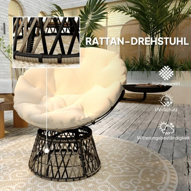 Papasan Sessel Rattansessel 360 Grad drehbar mit Seitentisch Rattan Stahlrahmen Lounge Sessel 120kg,Beige – Bild 4