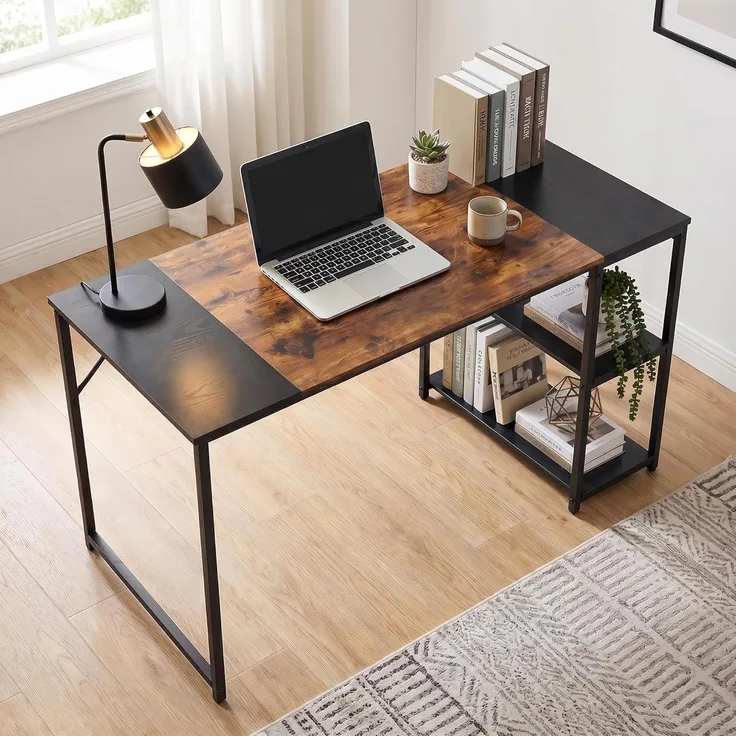 FurnitureR Schreibtisch mit Regal, 120×60×74 cm Arbeitstisch mit 2 Ablagen, Industrieller Computertisch aus Holz und Metall für Home Office, Wohnzimmer oder Arbeitszimmer, Schwarz-Braun+Schwarze Regal