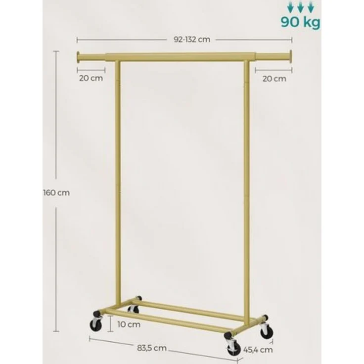 Songmics Kleiderständer auf Rollen, Garderobenständer, ausziehbare Kleiderstange, bis 90 kg belastbar, einfache Montage, transportabel, helles Gold – Bild 5