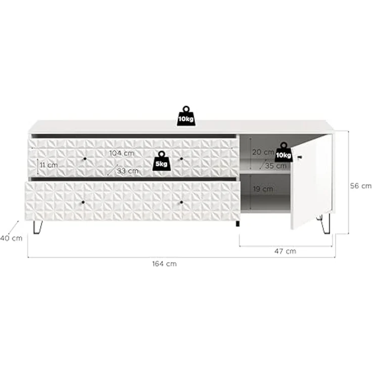 Lowboard (B/H/T: 164x56x40 cm) in weiß Melamin und weiß Hochglanz – Bild 4
