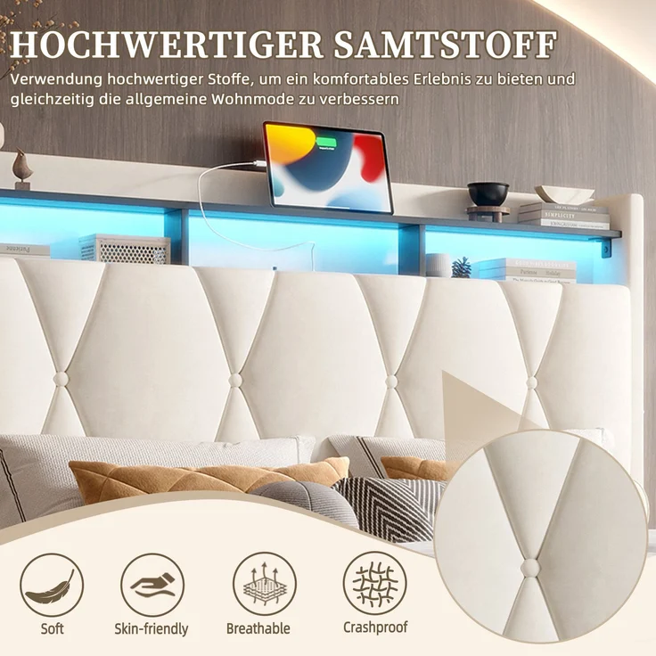 Polsterbett, Samt mit LED & Stauraum-Kopfteil, 140x200 cm, Beige, ohne Matratze – Bild 3