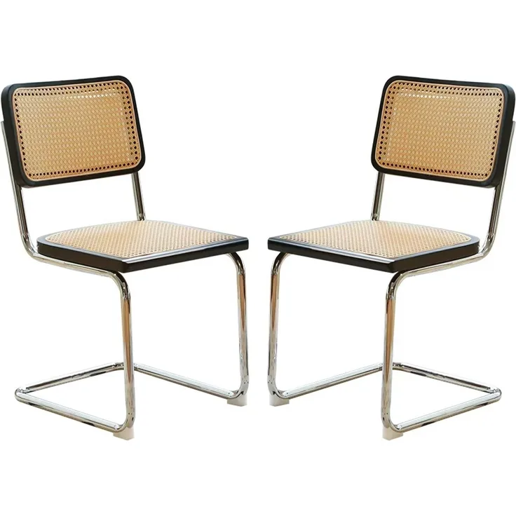 LVHOM 2er Set Freischwinger, Esszimmerstuhl mit Wiener Geflecht, Bauhaus Küchenstuhl aus Natur-Rattan, 25mm Chromgestell, stapelbarer Wohnzimmerstuhl, Schwarz
