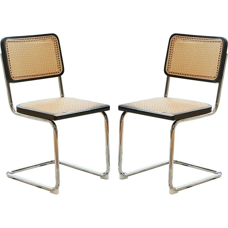 LVHOM 2er Set Freischwinger, Esszimmerstuhl mit Wiener Geflecht, Bauhaus Küchenstuhl aus Natur-Rattan, 25mm Chromgestell, stapelbarer Wohnzimmerstuhl, Schwarz – Bild 1