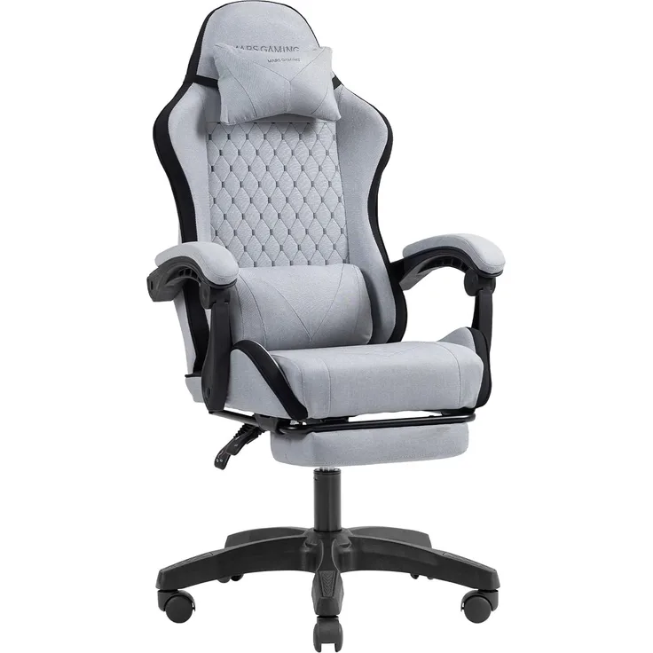 Mars Gaming MGC-X, Ergonomischer Gaming-Stuhl, Atmungsaktiver Stoff, Verstellbare Rückenlehne und Höhe, Dynamische Armlehnen, Nacken- und Lendenkissen, Bürostuhl mit Ausziehbarer Fußstütze, Schwarz