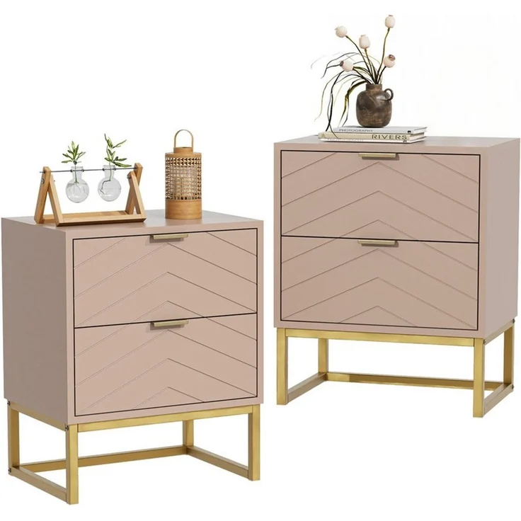 UEV Nachttisch 2er Set, Nachtkommode mit Schubladen (Nachtschrank mit 2 Schubladen für Kinderzimmer/Schlafzimmer/Wohnzimmer), kleine Beistelltisch Sofatisch mit Kippschutz & Metallbeine – Bild 1