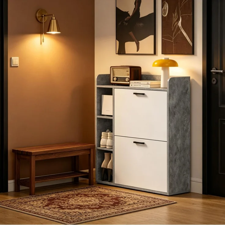 DESVIAE Garderobenschrank Schuhschrank Grau-Weiß aus Spanplatte – 83x90,5x24 cm – 2 Kippschränke – Bild 3