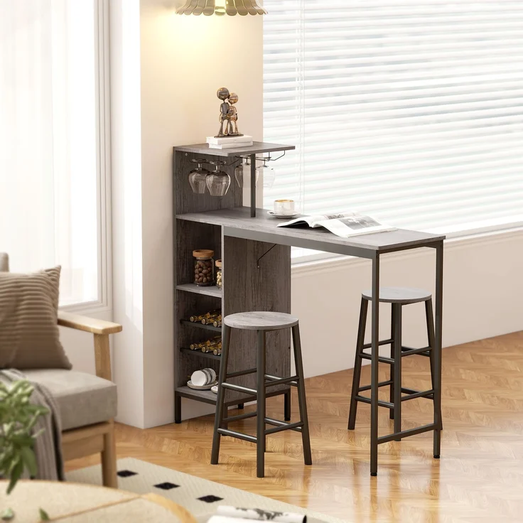 Bar-Tisch-Set mit Hockern, Stehtisch mit 2 Barstühlen, Regale, Weinfächer, Naturholz – Bild 10