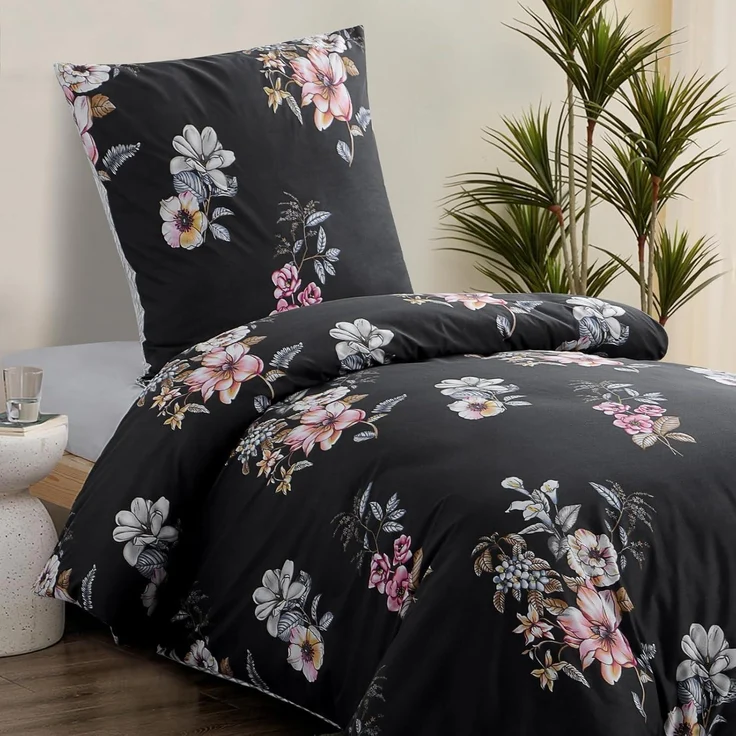 Bettwäsche Set 155x220 Schwarz Blumen Mikrofaser Reißverschluss Bügelfrei – Bild 3
