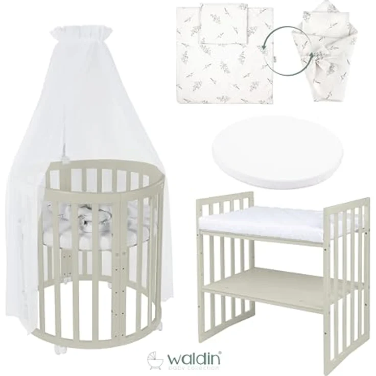 Waldin Babybett OWAL aus Holz 7in1 mit Matratze, mitwachsendes Kinder-Bett, belüftet, Boden 5-fach verstellbar, All-Inclusive-Set Holz olive, Stoffe Weiß Zweige – Bild 3
