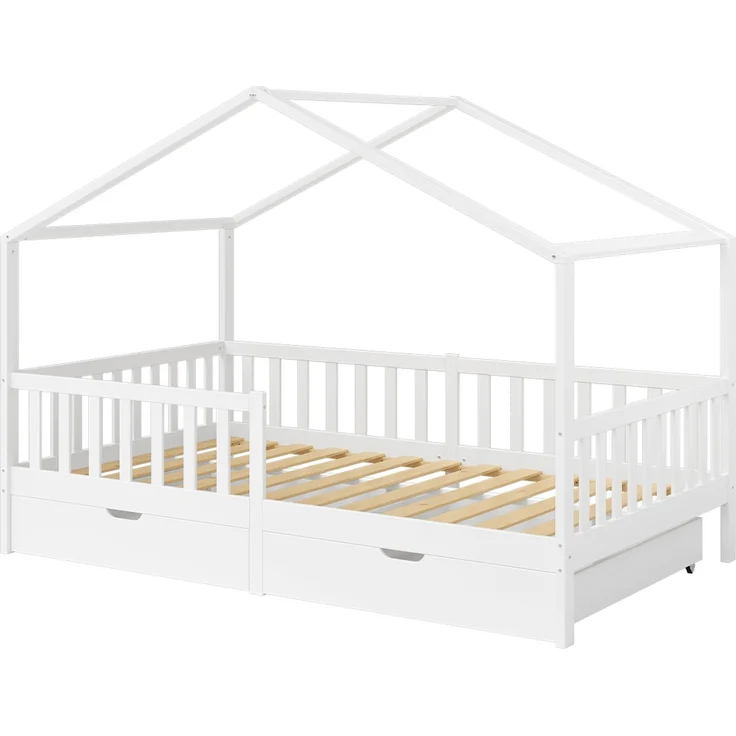 Bellabino 'Bia' Hausbett 120x200 cm mit Matratze und 2 Schubladen, weiß, Kiefer Massivholz, Montessori Kinderbett mit Stauraum, inkl. Rausfallschutz und Lattenrost – Bild 2