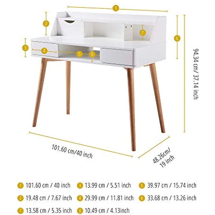 Teamson Home, Creativo Holzschreiberschreibtisch, MDF, mit Lagerung, Regalen und Schubladen, Büro, Weiß/Natur, VNF-00045 – Bild 4