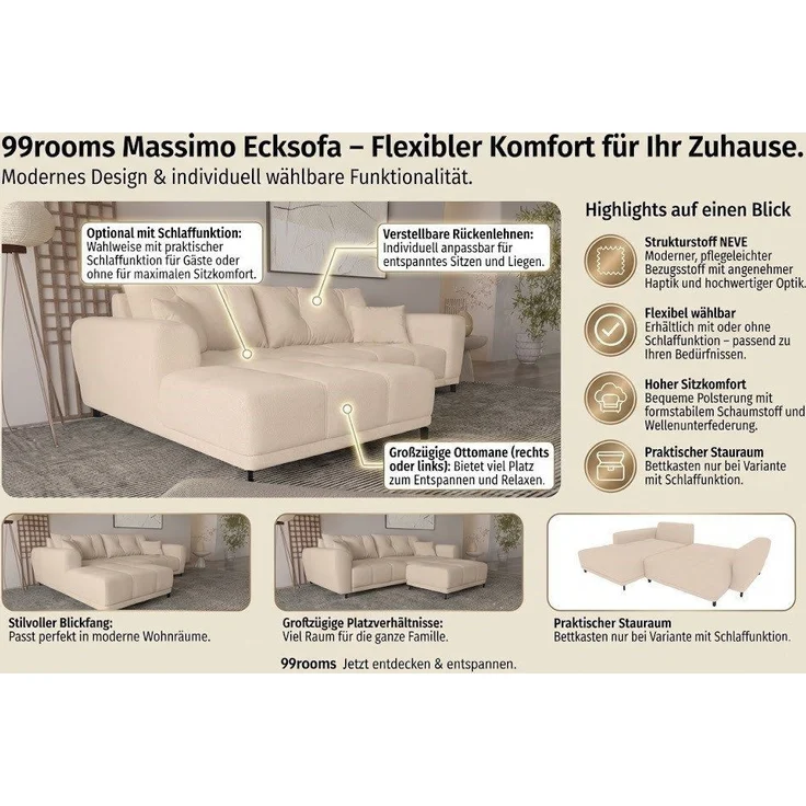 99rooms Massimo Ecksofa Strukturstoff NEVE Khaki mit Schlaffunktion Rechts – Bild 3
