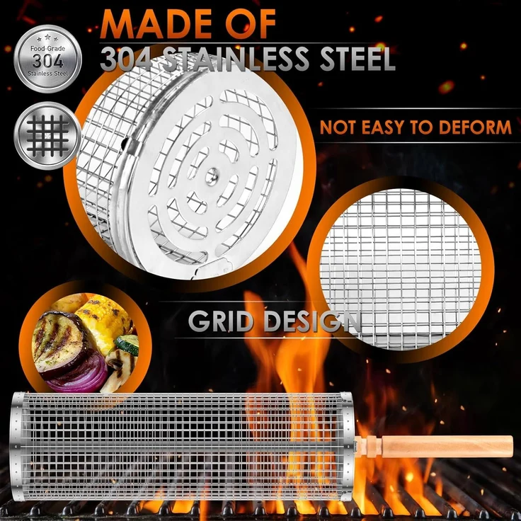 2er-Pack Grillkörbe mit Holzgriff, rund, Edelstahl, für Outdoor & Camping (45 cm) – Bild 3
