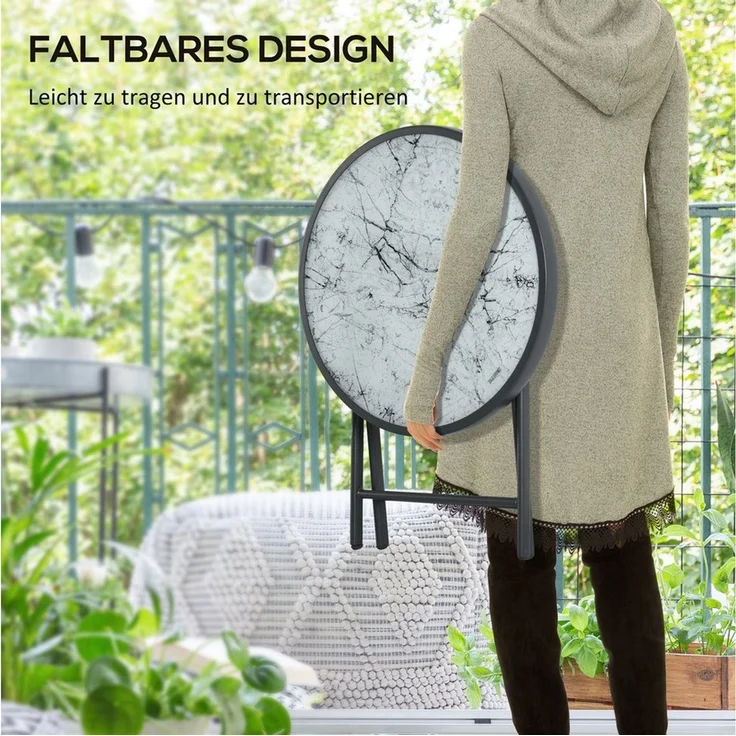 Outsunny Gartentisch klappbar, aus Glas mit Marmoroptik, rund (Klapptisch, 1-St, Beistelltisch), für Balkon Terrasse Wohnzimmer Büro, 45 x 45 x 50 cm, Weiß – Bild 3