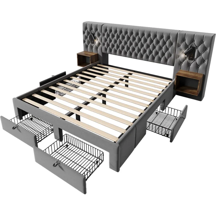 Bettanlage Schlafzimmer Komplett Set, Polsterbett Doppelbett 180×200 cm mit 2 Nachttischen und 4 Schubladen, Kopfteil Leselicht mit USB Ladefunkt – Bild 9