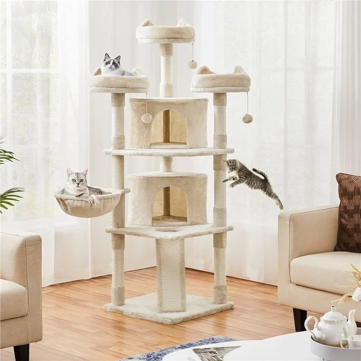 Yaheetech Kratzbaum 175/193 cm (H), Katzenbaum mit Liegemulde & Katzenhaus & Kratzbrett & 3 Plüschbälle – Bild 2