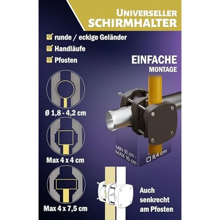 Menz Sonnenschirm Balkon - 3-IN-1 Sonnenschutz Balkon SET in Beige, UPF 50+ Sonnenschirm rechteckig 200x125 cm + kompakter Sonnenschirmhalter Balkongeländer + Sonnenschirmhülle – Bild 6