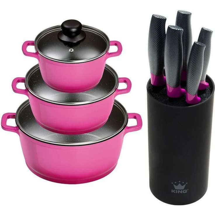 KING Topf-Set Berry, Aluminiumguss (Set, 9-tlg, je 1 Kochtopf mit Deckel 16/20/24 cm, Messerblock mit 5 Kochmesser), Induktion – Bild 3