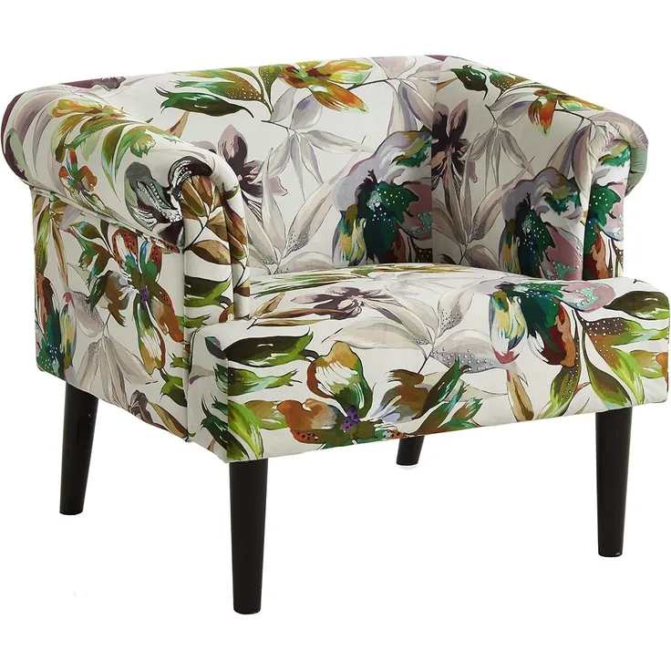 Atlantic Home Collection Charlie Sessel, Armlehnenstuhl mit Massivholzfüßen, Samt, Blumenmuster weiß, 74 x 86 x 70