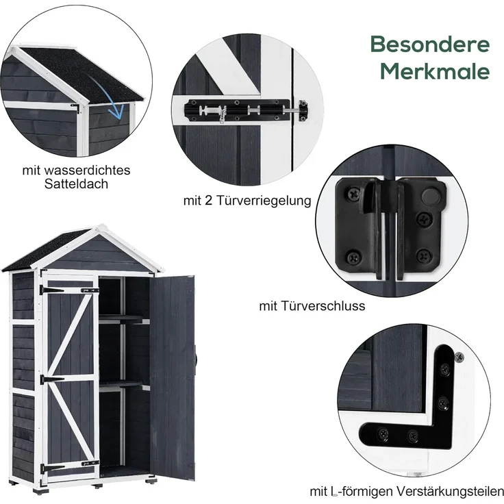 MCombo Gartenschrank Geräteschuppen Werkzeugschrank, Outdoor-Schrank Gartenbox, mit Satteldach, aus Holz Grau, 48 X 90 X 178 cm – Bild 3