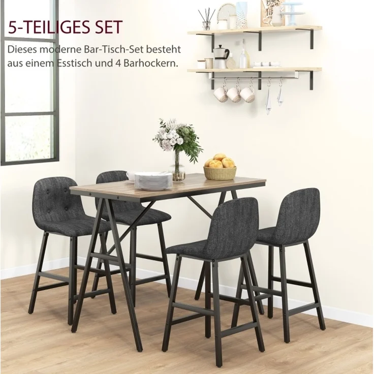 Bartisch-Set mit 4 gepolsterten Hockern, 120x60x91 cm, Dunkelgrau – Bild 8