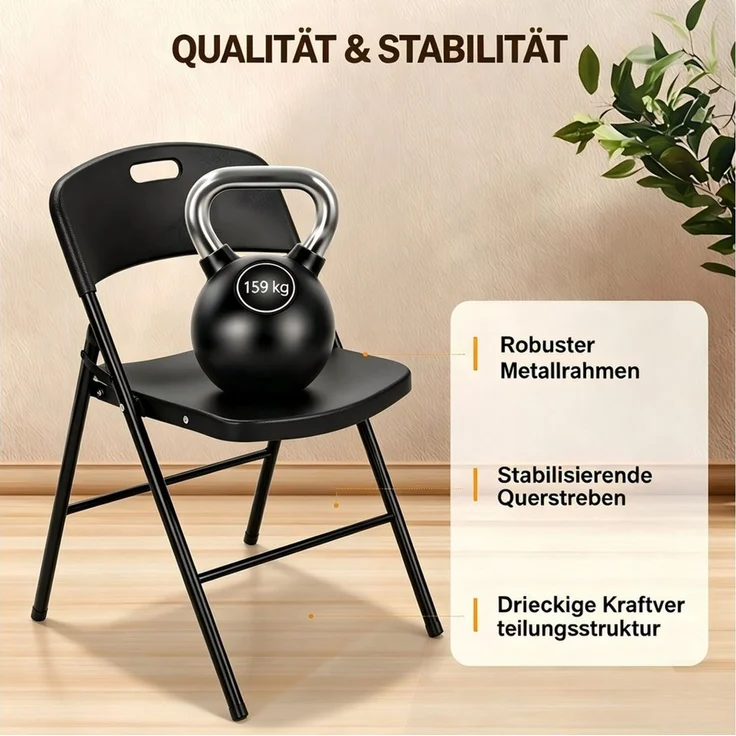 VINGLI Klappstuhl 2er/4er/6er Set aus Kunststoff & Metallrahmen, Spritzguss, bis 158 kg (2 St), Tragbare Gartenstühle für Partys, Camping, Schule & Büro, Weiß/Schwarz – Bild 4