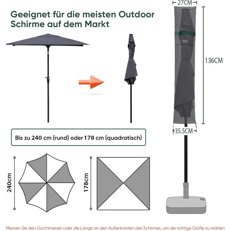 Sekey Sonnenschirm-Schutzhülle Amepschirm Schutzhülle für Sonnenschirm mit Reißverschluss und Stab, für Ø 180 cm / Ø 200 cm / 200 x 150 cm / 200 x 125 cm Gartenschirm – Bild 2