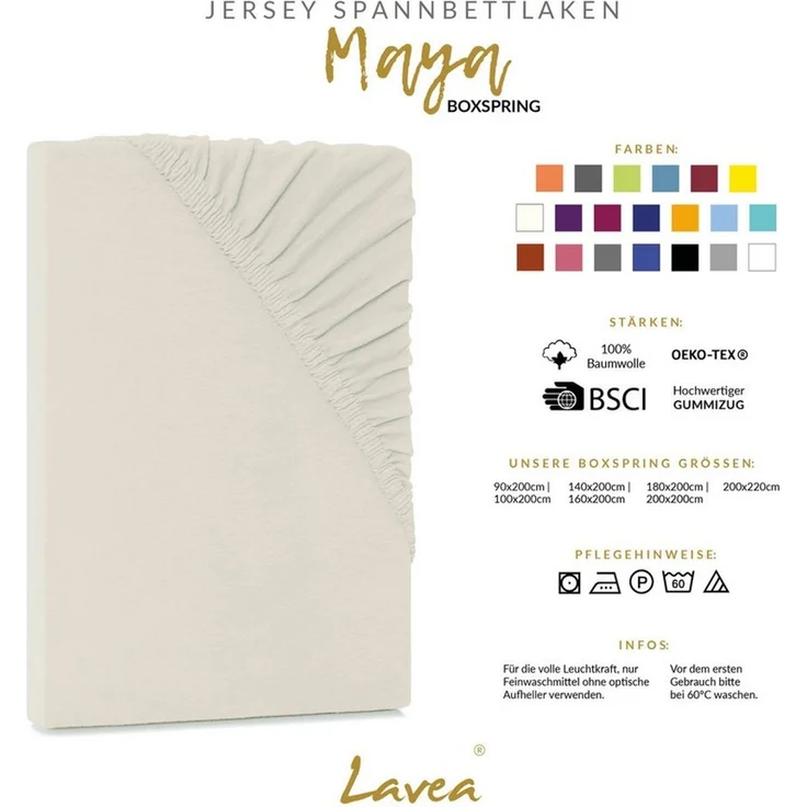Lavea Spannbettlaken Bettlaken Maya, 180x200cm, 200x200cm, 140x200cm, 160x200cm, 100% Baumwolle Jersey, Gummizug: rundum, (1 Stück), für Matratzen, Topper, Boxspring- und Wasserbetten, weich, langlebig – Bild 2